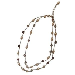 Premier Designs Double Strand Faux Pearl Pink Rhinestone Flower Charms Necklace